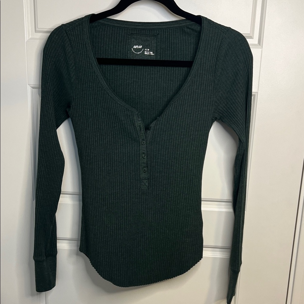 Aerie Deep Green Ribbed Long Sleeve Tee
